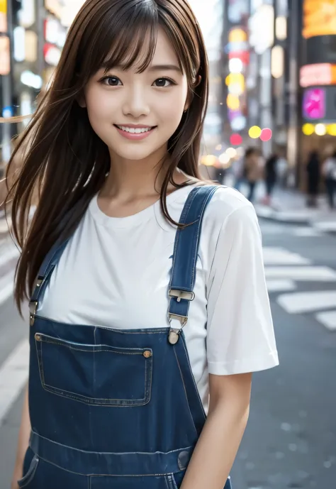 (((City:1.3,outdoor, Photographed from the front))), ((long hair:1.3, overalls,japanese woman, Smile,cute)), (clean, natural mak...