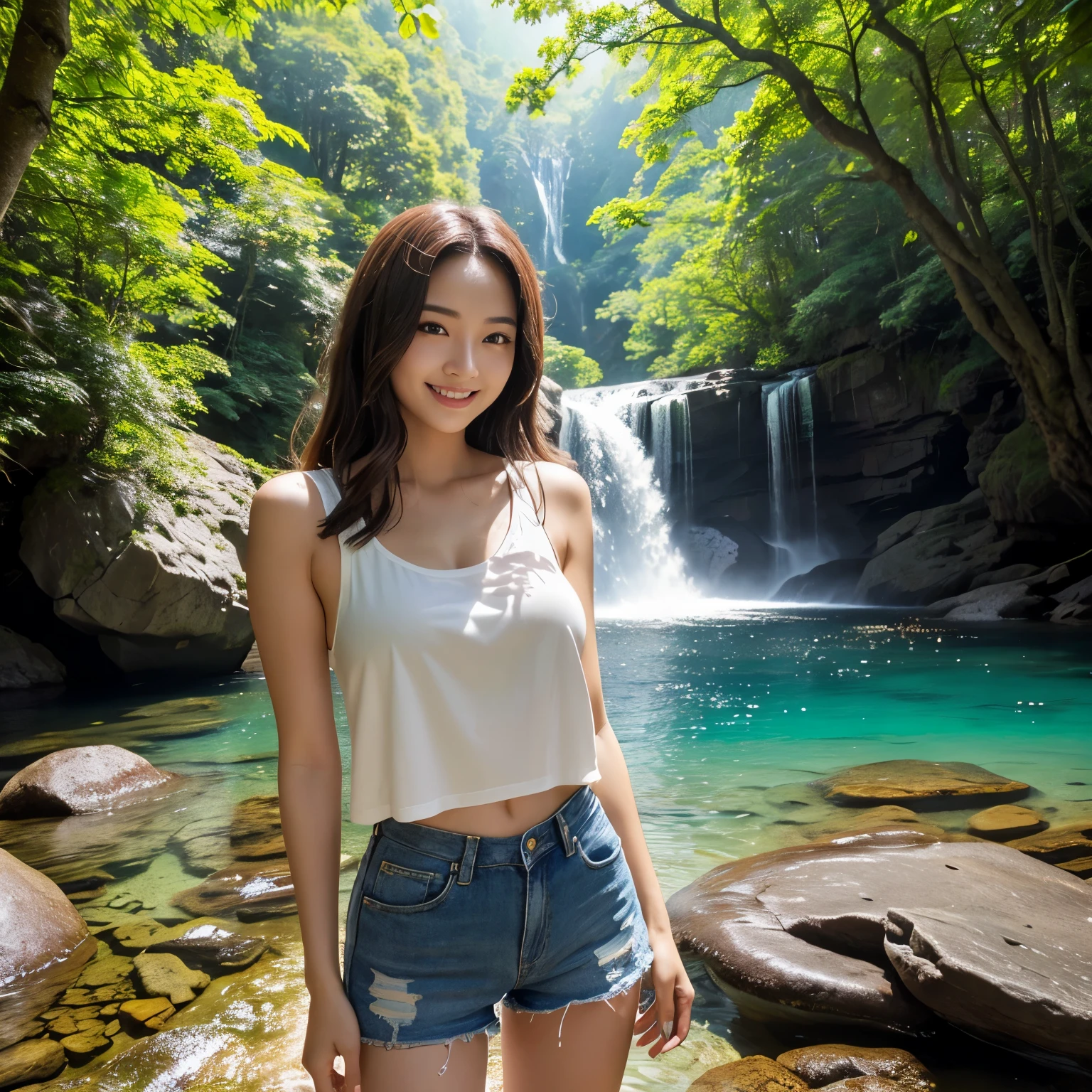 (highest quality、masterpiece、8K、Highest image quality、hyper realism、Award-winning work)、(1 woman:1.3)、(Photographs of people:1.3)、hat、tank top shirt、shorts、standing elegantly、huge waterfall、beautiful spectacular waterfall、Sparkling water、Light fog、blurred background、detailed and intricate forest、In a mysterious and majestic forest、many beautiful trees々、big rock、rock wall、Majestic nature、A woman in the majestic forest、beautiful sunlight filtering through the foliage、beautiful clear water、the biggest smile when you look at me、upper body photo、accurate anatomy、natural makeup、Super high-definition glossy skin、Super high-definition glowing beautiful skin、Ultra high definition glossy lips、Super high definition beautiful teeth