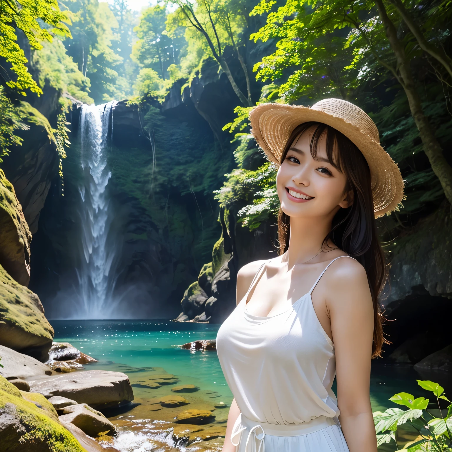 (highest quality、masterpiece、8K、Highest image quality、hyper realism、Award-winning work)、(1 woman:1.3)、(Photographs of people:1.3)、hat、tank top shirt、shorts、standing elegantly、huge waterfall、beautiful spectacular waterfall、Sparkling water、Light fog、blurred background、detailed and intricate forest、In a mysterious and majestic forest、many beautiful trees々、big rock、rock wall、Majestic nature、A woman in the majestic forest、beautiful sunlight filtering through the foliage、beautiful clear water、the biggest smile when you look at me、upper body photo、accurate anatomy、natural makeup、Super high-definition glossy skin、Super high-definition glowing beautiful skin、Ultra high definition glossy lips、Super high definition beautiful teeth