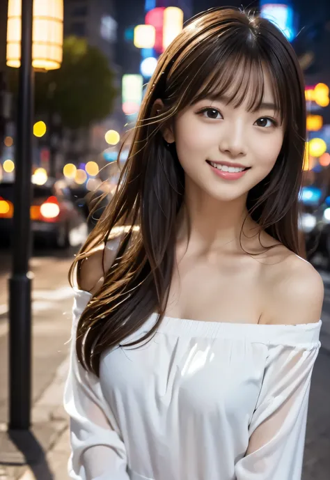 ((City of night:1.3, outdoor, Photographed from the front))), ((long hair:1.3,White off-shoulder blouse,Smile,japanese woman,cut...