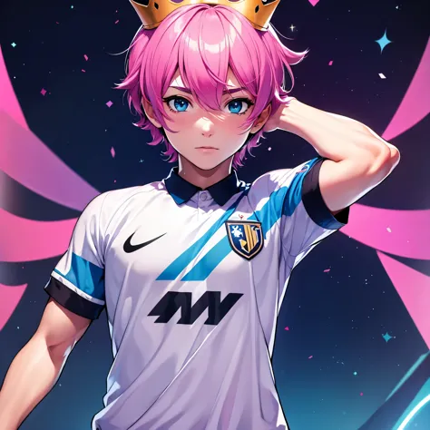 (solo,1boy, masculino),(soccer uniform),aquamarine eyes, Campo de futebol, pink short hair, crown over the head
