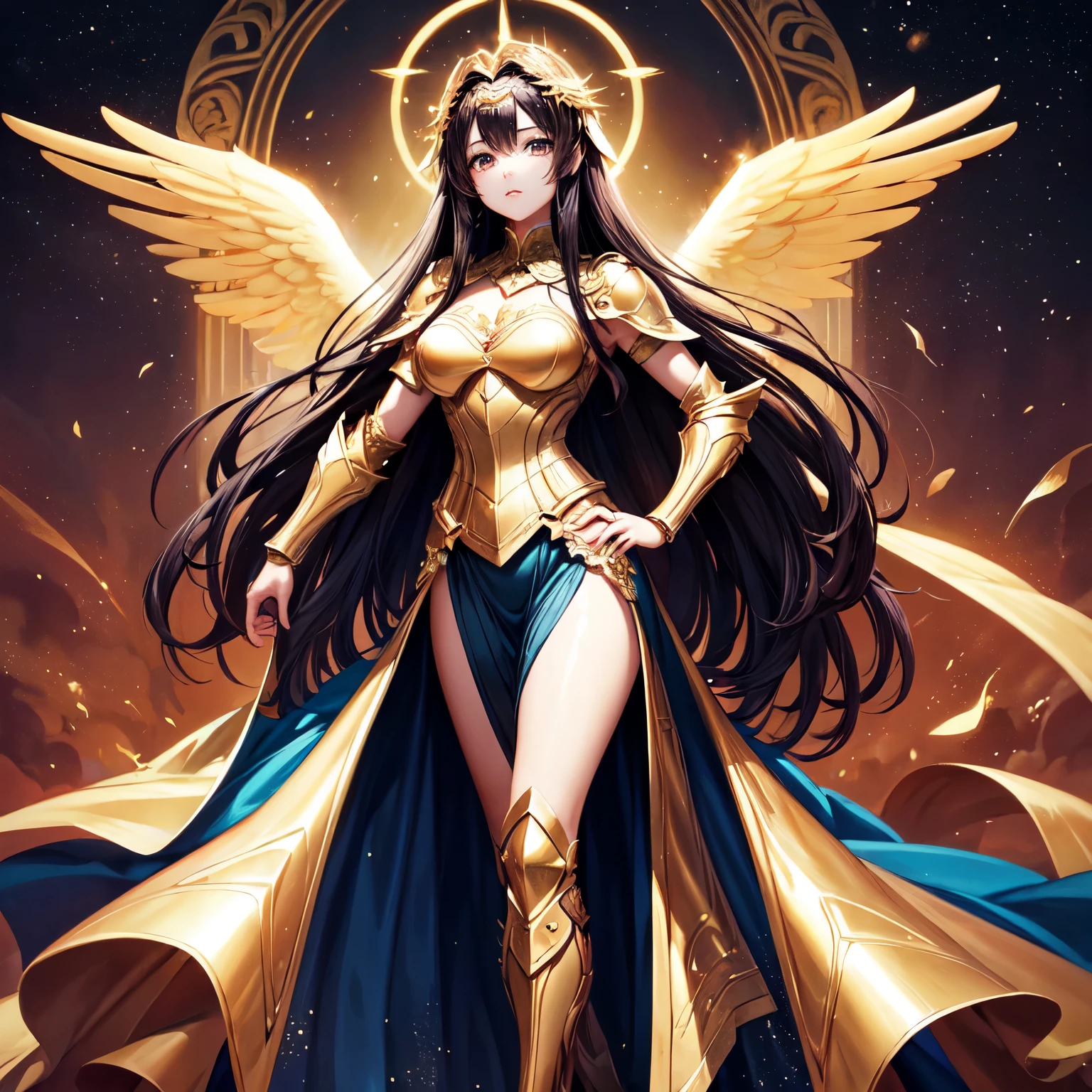 beste Qualität, extrem schön, schönes Gesicht, Engel Frau, zwei riesige goldene Flügel, freizügige Rüstung mit offenem Frontrock, sehr langes dunkles Haar