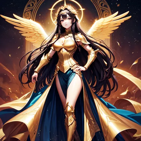 best quality, extremely beautiful, beautiful face, angel woman, two huge golden wing, revealing armor with open front skirt, ver...