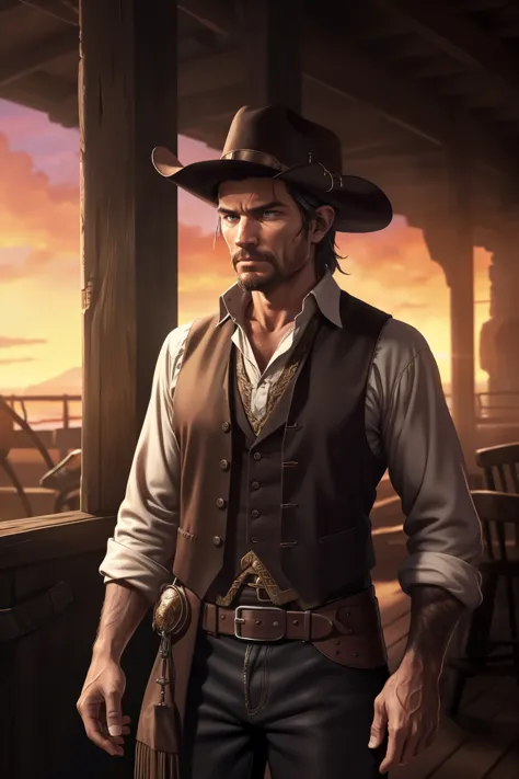 Velho Oeste cowboy, confirmed at sunset, face set with tense expressions, dust rising around, Saloon in the background, environm...