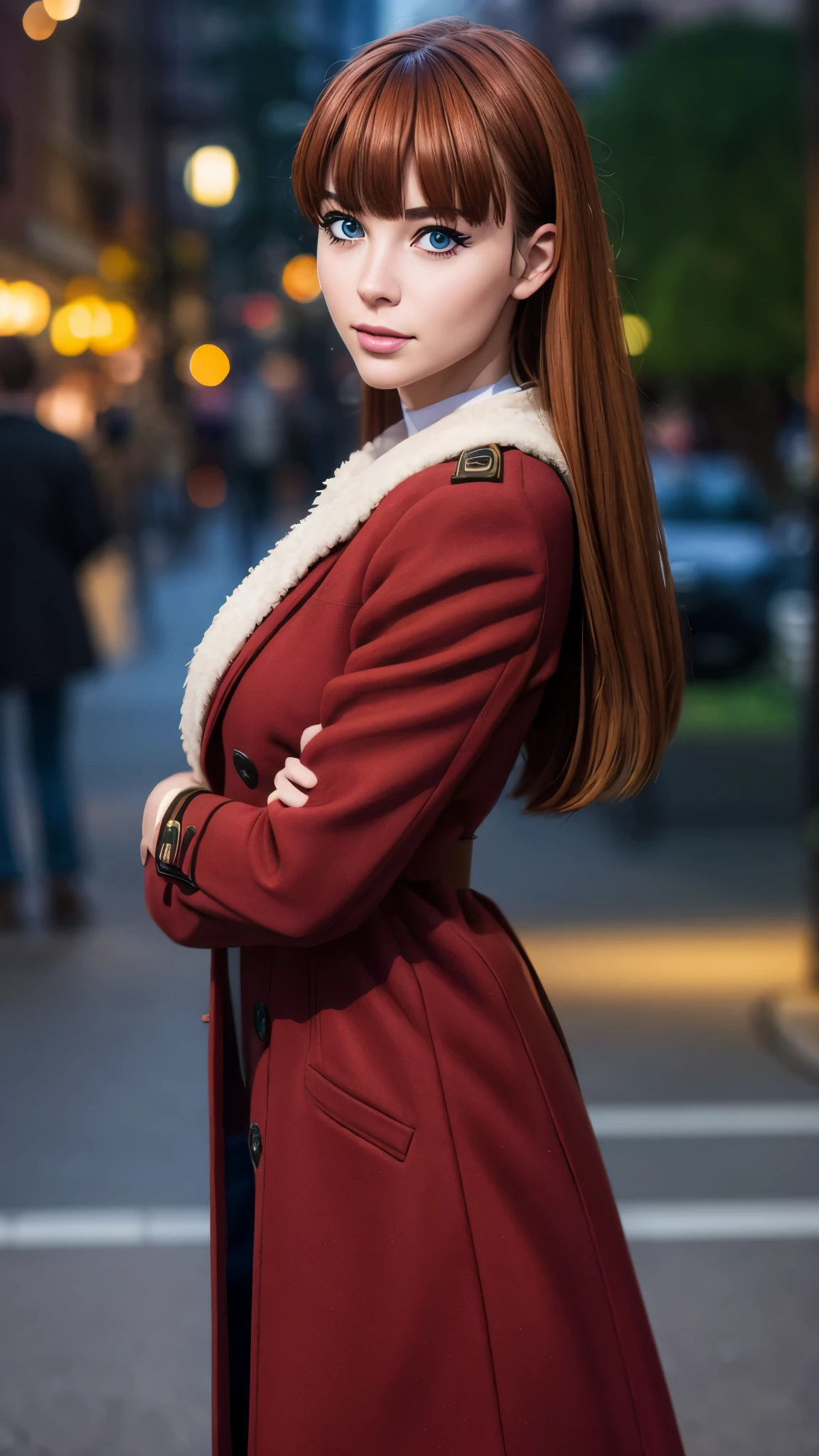 photorealistic, (4k), depth of field, (Masterpiece), (realistic skin texture), extremely detailed, intricate, hyper detailed, professional photography, bokeh, high resolution, sharp detail, best quality, girl, long hair, orange hair, bangs, blue eyes, long coat, red coat, crossed arms, dynamic pose, 