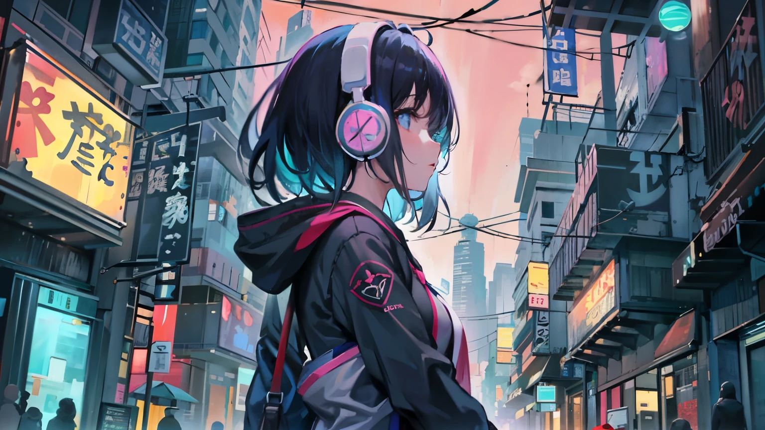 masterpiece,8K resolution、((highest quality))、((masterpiece))、((super detailed))、1 female、solo、incredibly absurd、oversized hoodie、headphones、street、outdoor、rain、neon、short cut hair、brightly colored eyes、put one&#39;s hand in one&#39;s pocket、mini skirt, facing right, サイバーパンクのナイトライフ地区のstreetの真ん中に立っている. she has pinkish black hair、headphonesを着用しています. big breasts、She&#39;s still looking up at the starry sky, But her gaze and body are turned to the right side of the frame. The scene should be lively, Reflecting a cyberpunk aesthetic, neonの光と未来的な建物が彼女を囲んでいます. The hustle and bustle of the city continues, But she&#39;s at peace in the chaos, Immerse yourself in the sights and sounds of the night. In the image、The quiet sky above and the vibrant urban environment must be captured。, highlight her new direction.
