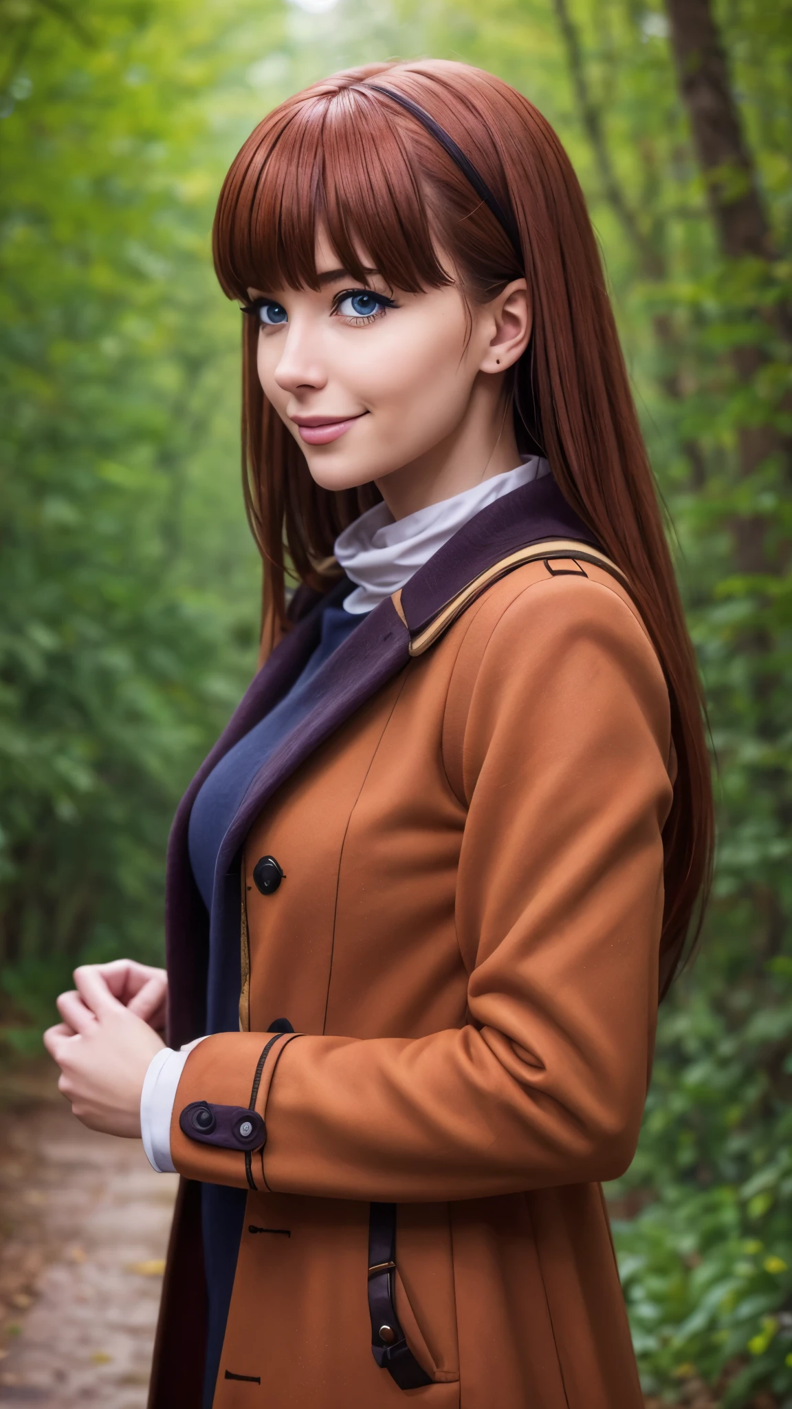 photorealistic, (4k), depth of field, (Masterpiece), (realistic skin texture), extremely detailed, intricate, hyper detailed, professional photography, bokeh, high resolution, sharp detail, best quality, girl, long hair, orange hair, bangs, blue eyes, long coat, red coat, hands on face, dynamic pose, outdoors, forest, treetops, path through forest, happy, smirk,