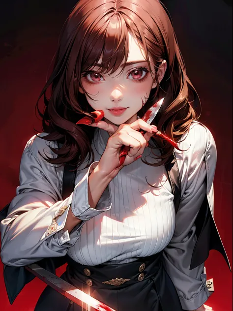 unpleasant smile of a girl who loves knive、psychopath horror, brown hair, big lips, blood on face, ((holding knife)), juicy lips...