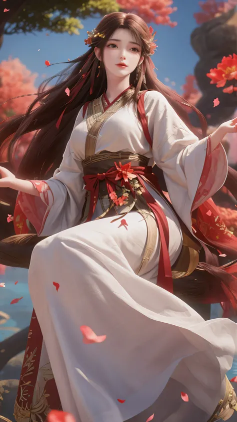 under the bright spring sun，a goddess in ancient costume dressed in gorgeous hanfu，standing quietly in the sea of flowers in the...