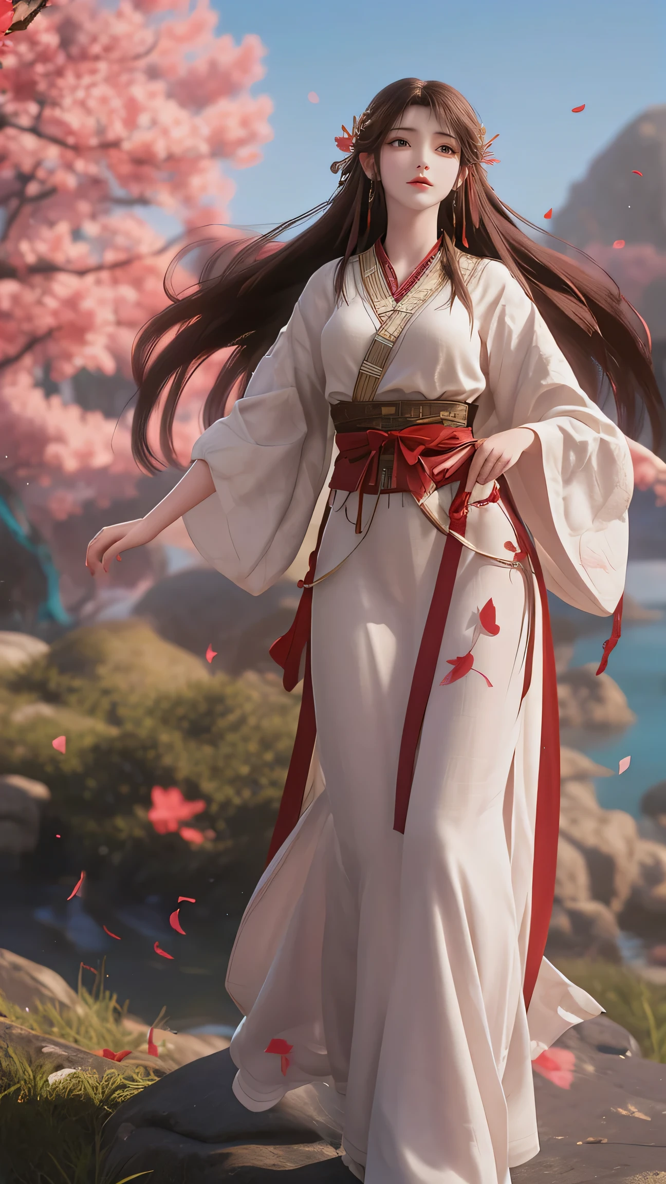 Sob o sol brilhante da primavera，Uma deusa em traje antigo vestida com um lindo Hanfu，Parado em silêncio no mar de flores nas montanhas e rios。o rosto dela é lindo，Como uma orquídea no vale，Transbordamento imortal。Vestida com um vestido de seda lilás，Com um balanço suave，Dá uma sensação de sonho。

Seu cabelo estava enrolado，Decore com grampos dourados e esmeralda，Elegante e digno。As borlas na testa brilham ao sol，Destaca ainda mais seu temperamento nobre。Seus olhos eram como um lago claro，É um ano para ser。

O mar de flores ao redor é como uma enorme imagem，Peônias florescentes、Lírios delicados、Jasmim perfumado entrelaçado，Um oceano colorido é formado。A fragrância floral permeia，Intoxicante。A deusa fica quieta no mar de flores，Como se estivesse sozinho com essas flores，É como uma pintura de paisagem perfeita。

A luz do sol brilhava em seu rosto através das lacunas nas folhas，Foi como colocar um brilho suave nela。Uma brisa fresca soprou，Seu vestido longo tremulava ao vento，Como uma fada sob os mortais。As borboletas dançam entre as flores，Parece estar oferecendo a ela uma linda dança。

Toda a cena é de tirar o fôlego，É como um país das maravilhas na terra。A fantasia da deusa Hanfu fica no mar de flores nas montanhas e rios，Dá a sensação de viajar no tempo e no espaço，Deixe as pessoas mergulharem nesta bela imagem。