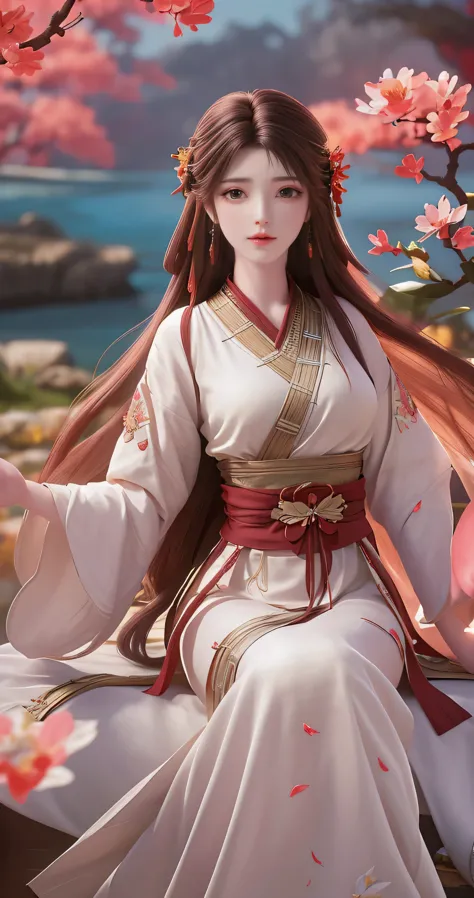 Under the bright spring sun，A goddess in ancient costume dressed in gorgeous Hanfu，Standing quietly in the sea of flowers in the...