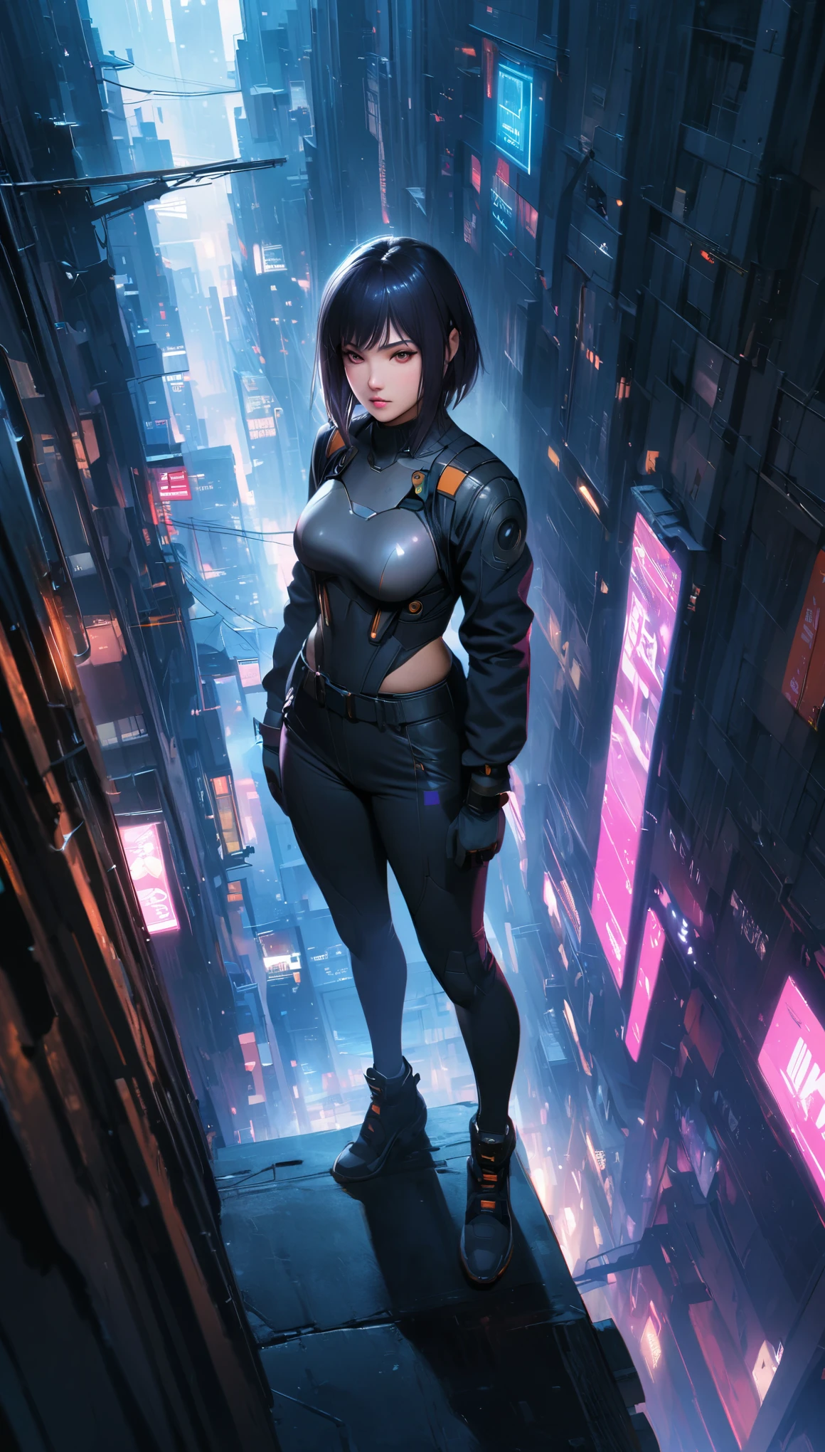 (Meilleure qualité,haute résolution,ultra-détaillé,Réaliste:1.37), (Prise de vue complète du corps:1.1), (prise de vue en grand angle:1.1), (ohwx femme), Rinko Kikuchi dans le rôle de Motoko Kusanagi dans Ghost in the Shell, Motoko effectue un saut arrière avec un retournement depuis le bord du toit du gratte-ciel, Prise de vue dynamique, Grand et confiant, son visage orné de traits de réalité augmentée,Le fond est urbain et futuriste, avec des gratte-ciel imposants et des néons projetant une lueur vibrante. L&#39;éclairage est atmosphérique, accentuer les ombres et mettre en valeur les détails métalliques de la tenue. La tonalité générale des couleurs est cool, avec une légère teinte bleue, donnant à la scène une ambiance futuriste et cyberpunk, Prise de vue complète du corps, veste, combinaison tactique