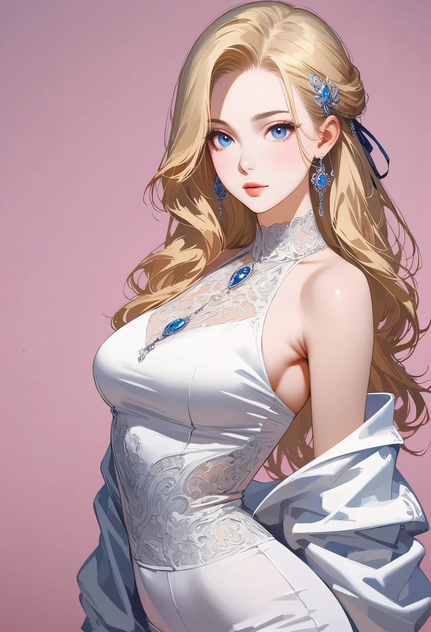 ((masterpiece,best quality,8K,high resolution)),((character concept art)), 1 female, noble, Old money atmosphere, supermodel, fashion model, 35 years old, (long blonde hair), blonde hair, (fair complexion), Ultra-fine eyes (blue eye color), extraordinary gorgeous, grace, charming, clever, calm, Perfect body ((Slim and curvaceous)), ((intricate details)), Super delicate hand details, super fine fingers(((Ten fingers))), Wearing a white blazer、White shirt and white pants  (stand still), (full body display), ((Show the whole body)), (No logos on background), (No logo), ((solid color background)), ((solid color background)), (((empty background)))