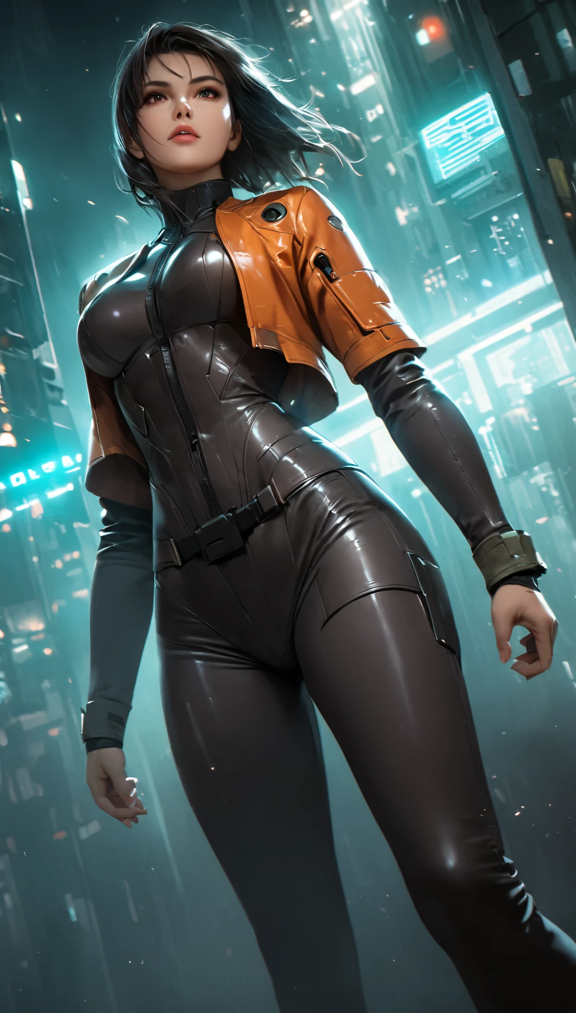 (best quality,highres,ultra-detailed,realistic:1.37), (cowboy shot:1.1), (low angle shot:1.1), (ohwx woman), Anna Sawai as Motoko Kusanagi from Ghost in the Shell, Hong Kong action cinema style, action shot, tall and confident, her face adorned with augmented reality features,The background is urban and futuristic, with towering skyscrapers and neon lights casting a vibrant glow. The lighting is atmospheric, emphasizing the shadows and highlighting the metallic details of the outfit. The overall color tone is cool, with a slight blue tint, giving the scene a futuristic and cyberpunk ambiance, full body shot, jacket, tactical suit, detailed face, Hong Kong action cinema style