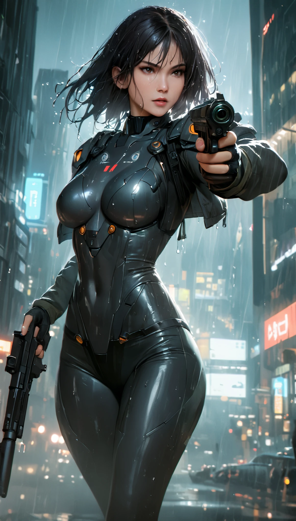 (best quality,highres,ultra-detailed,realistic:1.37), (cowboy shot:1.1),  (ohwx woman), Anna Sawai as Motoko Kusanagi from Ghost in the Shell, Hong Kong action cinema style, aiming from gun holding in two hands, action shot, tall and confident, her face adorned with augmented reality features,The background is urban and futuristic, with towering skyscrapers and neon lights casting a vibrant glow. The lighting is atmospheric, emphasizing the shadows and highlighting the metallic details of the outfit. The overall color tone is cool, with a slight blue tint, giving the scene a futuristic and cyberpunk ambiance, full body shot, jacket, tactical suit, detailed face, heavy rain, wet hair, 