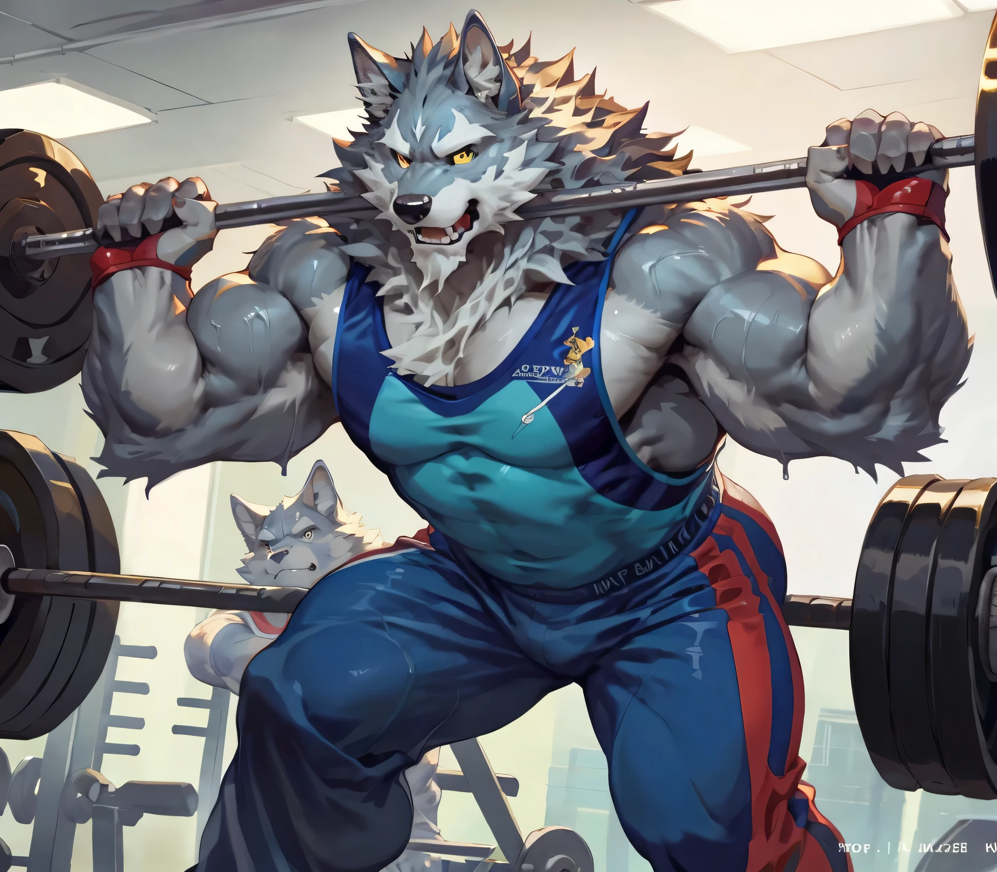 masterpiece,high quality,anime,detailed eyes,furry male Grey Wolf, Law, Great physique,strong arms manly, Gym, Exercising, Dribble, Wet body, Gym suit, by null-ghost,by pino daeni