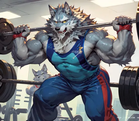 masterpiece,high quality,anime,detailed eyes,furry male Grey Wolf, Law, Great physique,strong arms manly, Gym, Exercising, Dribb...
