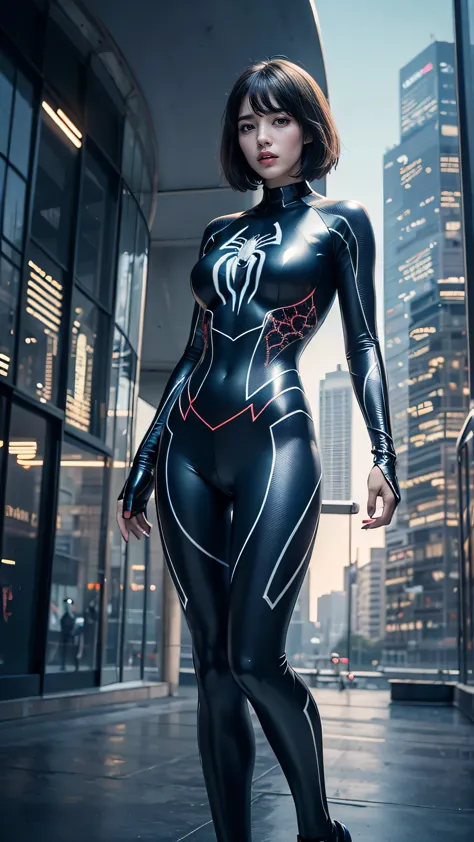 a girl, wearing a spider suit, sci-fi background, standing on a skyscraper, highres, ultra-detailed, realistic lighting, vibrant...