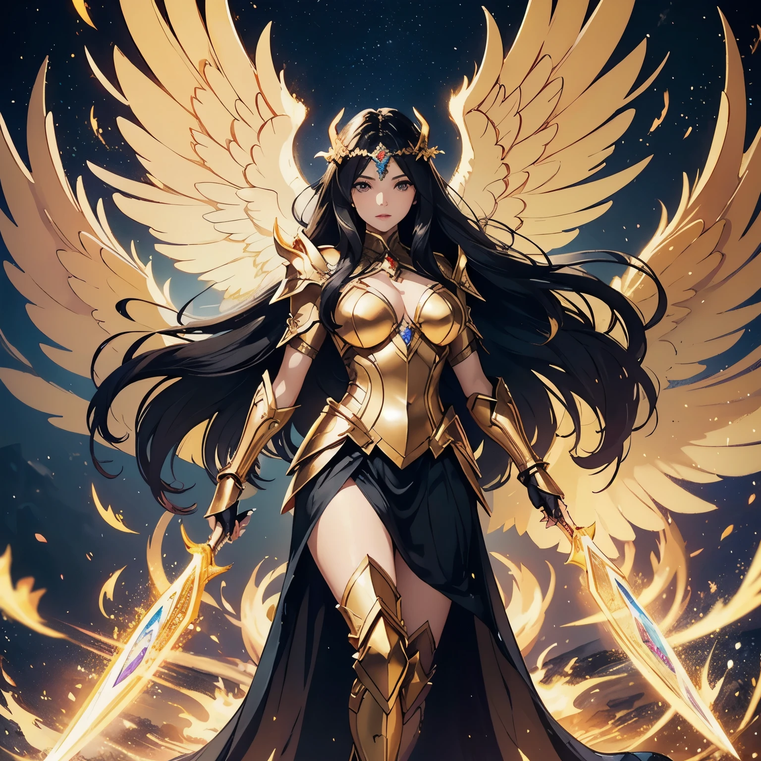 best quality, extremely beautiful, beautiful face, angel woman, huge golden wing, revealing armor with open front skirt, very long dark hair