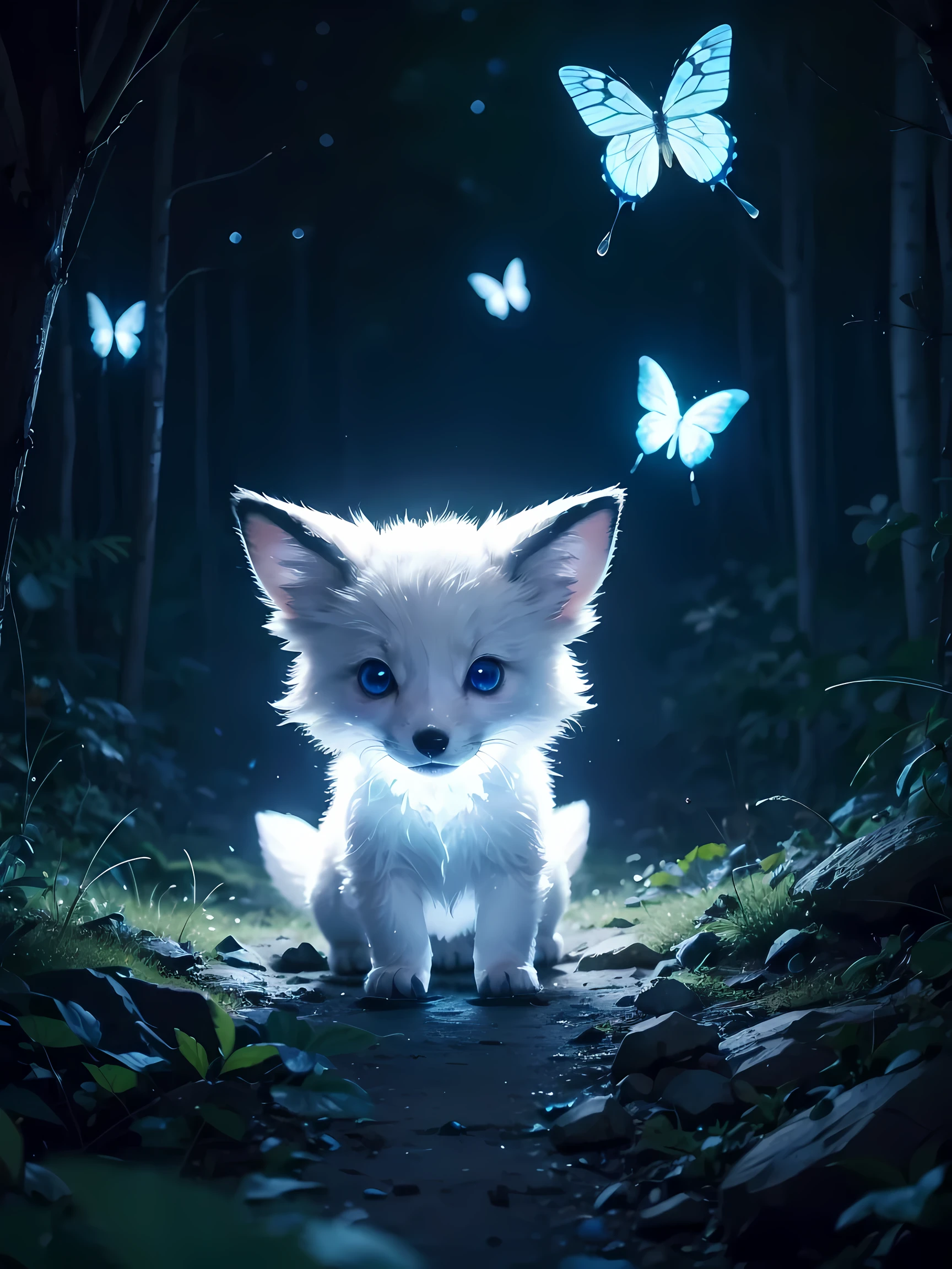 Spirit animal, score_9, score_8_up, score_7_up, score_6_up, score_5_up, score_4_up, ethereal ghost baby fox, adorable, cartoon character, glowing blue eyes, glowing butterflies, night time fantasy forest, realistic, extremely detailed, no humans