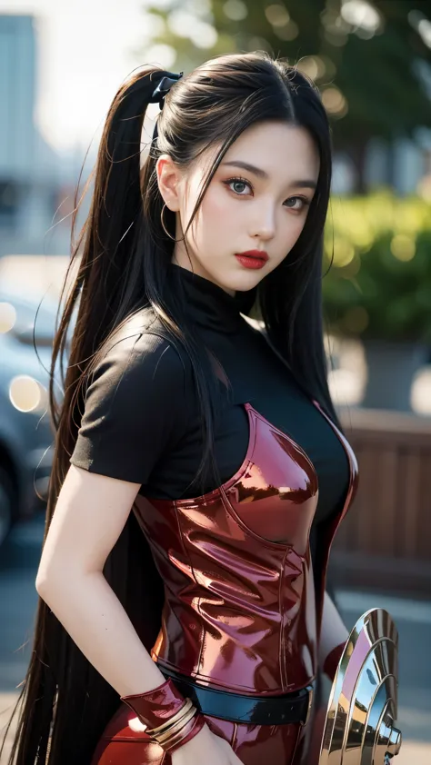 Close-up of a woman holding a shield in red and black outfit, clear eyes, symmetrical eyes, dark eye shadow, 8k Artgerm bokeh, extremely detailed ArtGerm, role-playing of the Black Queen of Harley, IG Model | Art Germ, Art Germ Style, in the style of Marve...