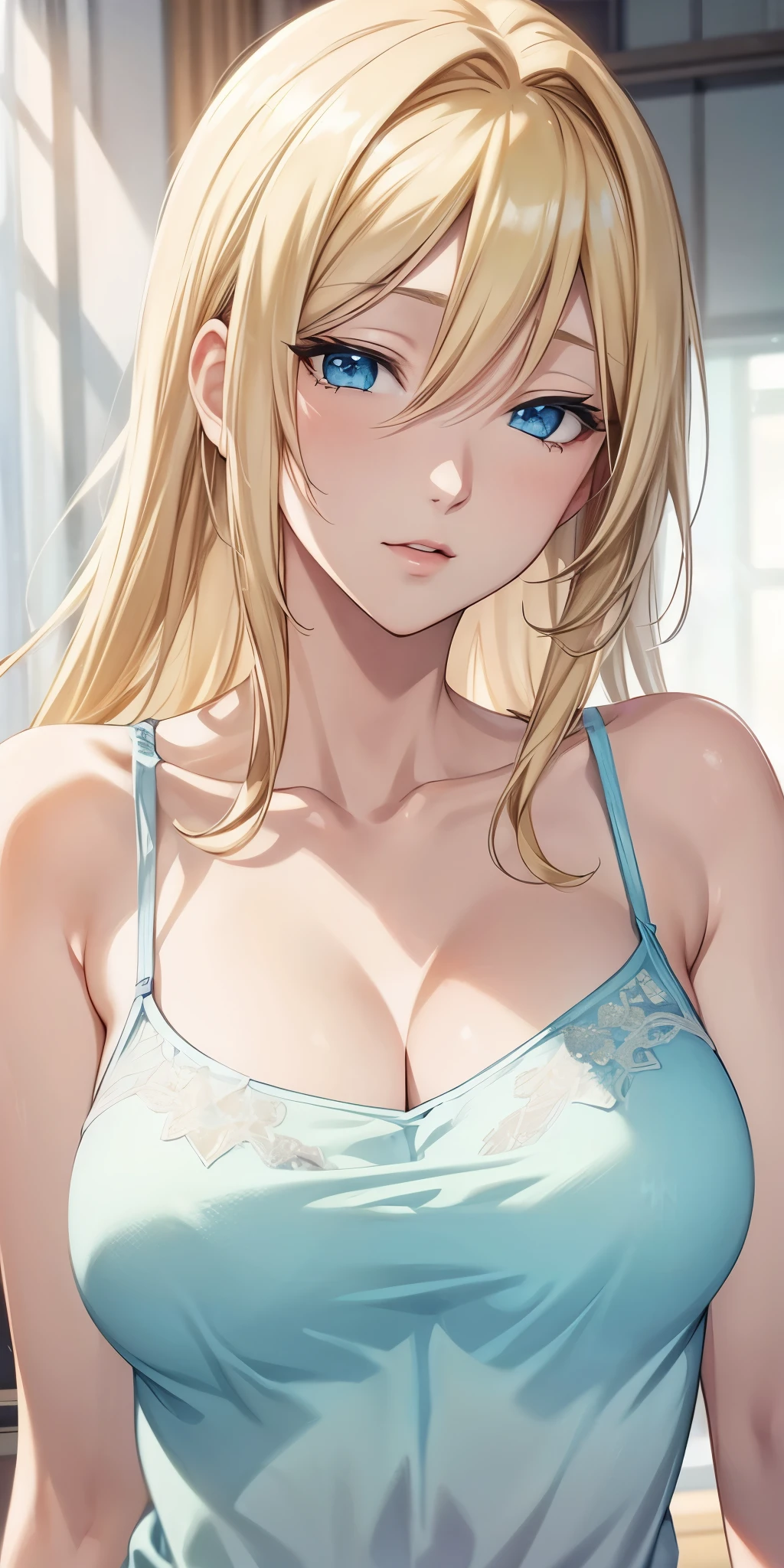 retrato, anime cg, olhos azuis, cabelo loiro, transparent camisole, ver através do mamilo, Resolução 4k, cg de alta qualidade, linda cg, Luz suave