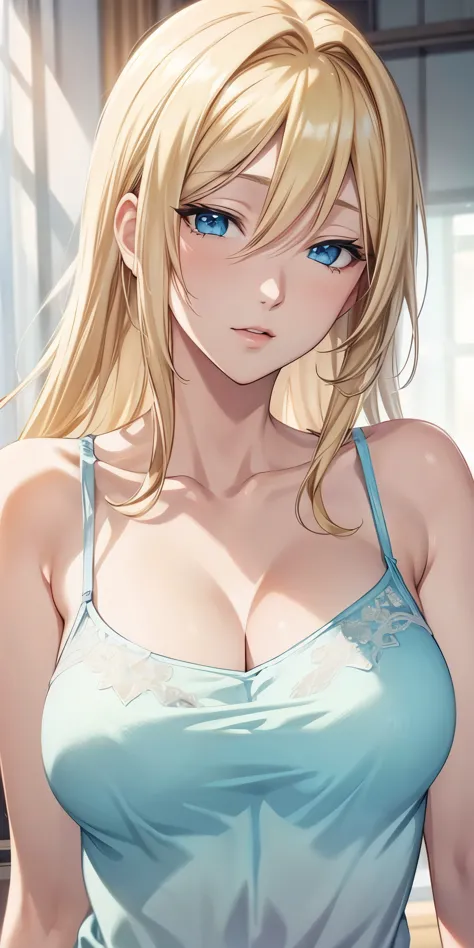 portrait, anime cg, blue eyes, blonde hair, transparent camisole, see through nipple, 4k resolution, high quality cg, beautiful ...