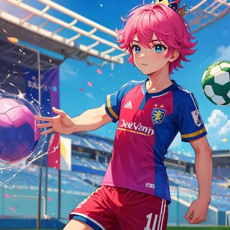 (solo,1boy, masculino),(soccer uniform),aquamarine eyes, Campo de futebol, (pink short hair), crown over the head