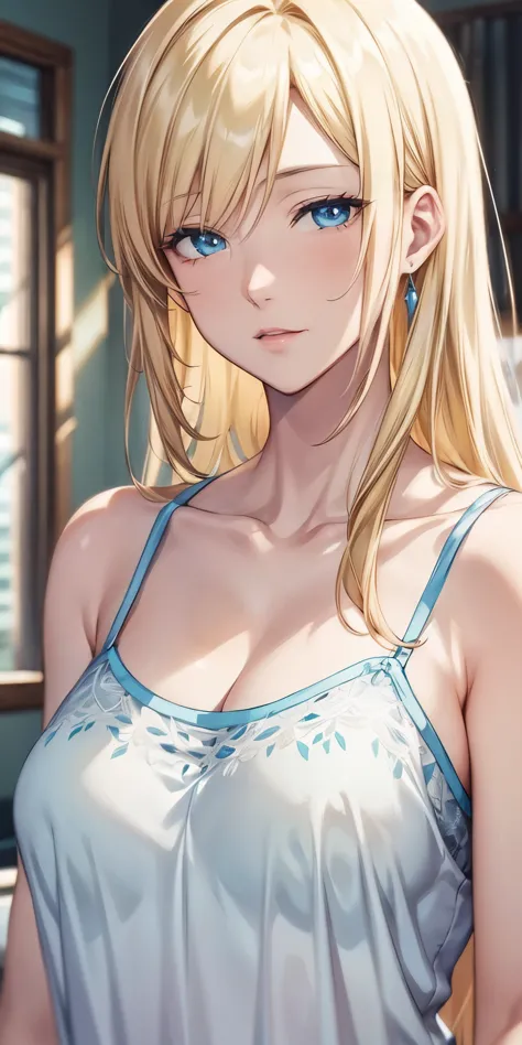 portrait, anime cg, blue eyes, blonde hair, transparent camisole, see through nipple, 4k resolution, high quality cg, beautiful ...