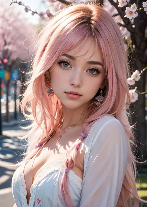 Psychedelic world、Harajuku-inspired hip hop fashion、Cute sexy 1 girl、21 year old girl、very long pink hair、colorful vibrant backg...