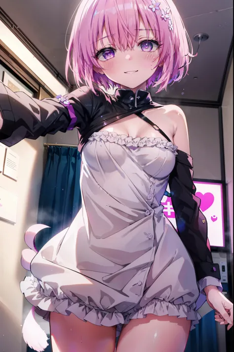 Momodeviluke, Deviluke type, demon tail, hair flower, hair ornaments, (purple eyes:1.1), pink hair, short hair, tail, smile,Smile, smile, open your mouth,
break demon tail, looking at the viewer, heart-shaped eyes,  blush，show viewer, from below, concentra...