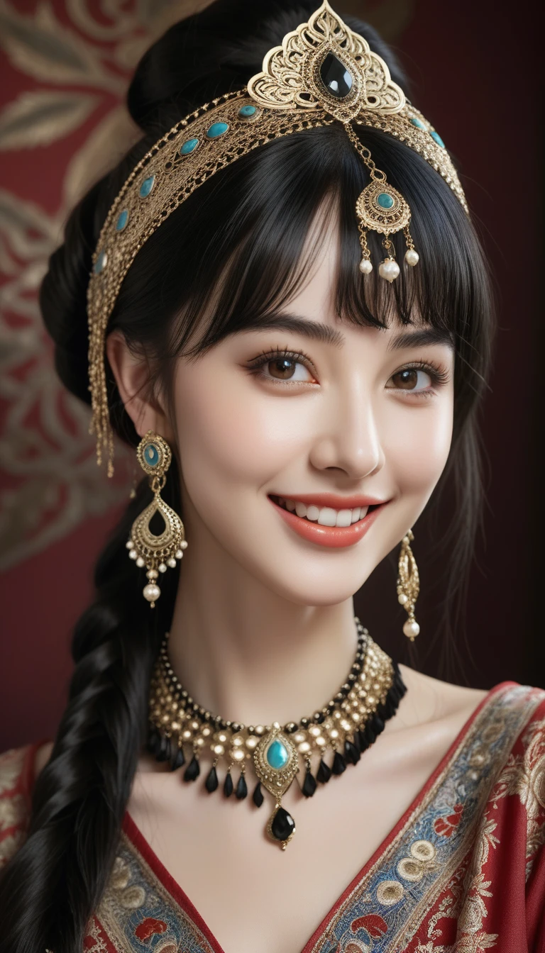 best quality, masterpiece, detailed skin texture, detailed cloth texture, detailed face, super detail, 8k, intricate detail, 1girl, black hair, bangs, antique arabic background, thin, collarbone, headdress, earrings, bun, hair ornament, jewelry necklace, smile, full body photo