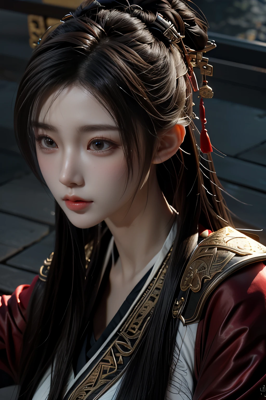 Game art，The best picture quality，Highest resolution，8K，(A bust photograph)，(Portrait)，(Head close-up)，(Rule of thirds)，Unreal Engine 5 rendering works， (The Girl of the Future)，(Female Warrior)， 
20-year-old girl，(The generals of ancient China)，An eye rich in detail，(Big breasts)，Elegant and noble，indifferent，brave，
(Wearing ancient Chinese cloth，Chinese Hanfu，Costumes of the Tang Dynasty，Costumes are rich in detail，Simple shades)，Chinese characters，fantasy style，
photo poses，wild background，Movie lights，Ray tracing，Game CG，((3D Unreal Engine))，OC rendering reflection pattern