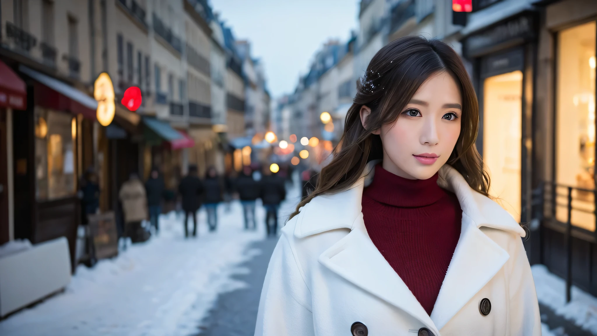 (table top、highest quality、8K、Award-winning work、ultra high resolution)、one beautiful woman、winter、snow scene、that&#39;It&#39;s snowing、(thick white coat:1.2)、（classy red turtleneck knit sweater:1.2)、very romantic and moody、epic movie lighting、(Huge breasts that look like they&#39;ll burst:1.4)、(Most emphasize the body line:1.4)、very long hair、blurred background、accurate anatomy、ultra high definition hair、ultra high resolutionの完璧な美しい歯、Ultra high definition beauty face、ultra high definition hair、Super high-definition sparkling eyes、Shining ultra high resolution beautiful skin、ultra high resolutionの艶やかな唇、Walking the streets of Paris,perfect body,(Lie:1.3)