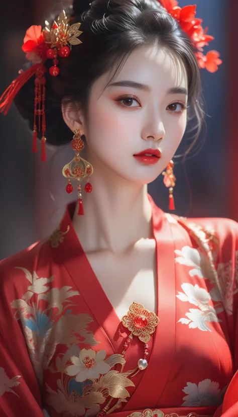 a close up of a woman wearing a red dress and a tia, palace ， a girl in hanfu, ((a beautiful fantasy empress)), a beautiful fant...