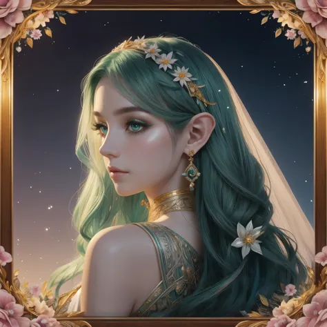 an ethereal elf with a captivating pretty face emerges from the depths of mythology. her elongated ears subtly peek from the sid...