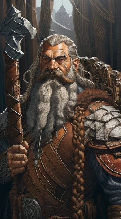 Portrait of an adult dnd dwarf king,  braided hair, large beard, muscular,  wide face, large nose, art by artgerm and greg rutkowski and alphonse mucha.
