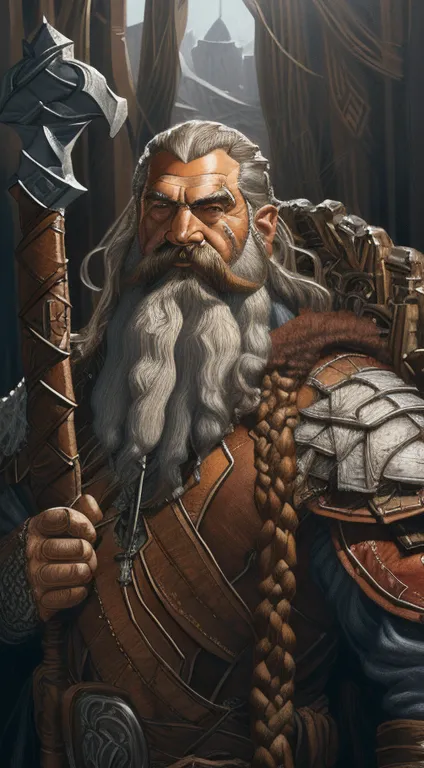 Portrait of an adult dnd dwarf king,  braided hair, large beard, muscular,  wide face, large nose, art by artgerm and greg rutko...