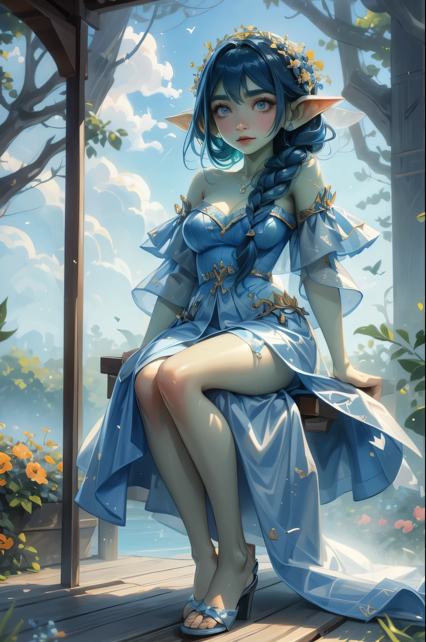 ((best quality)), ((masterpiece)), (very detailed), 4k, perfect face, swinging on a garden swing in a lush moonlit garden, very small breasts, very very long blue braid draped over shoulder, dressed in transparent long white robes, nothing underneath, seductive eyes, sexy, beautiful, green skin, pointy ears, very windy blowing the robes and hair, focus on very very long blue braided hair, dynamic pose, slight smile, looking at viewer, swinging, flowers