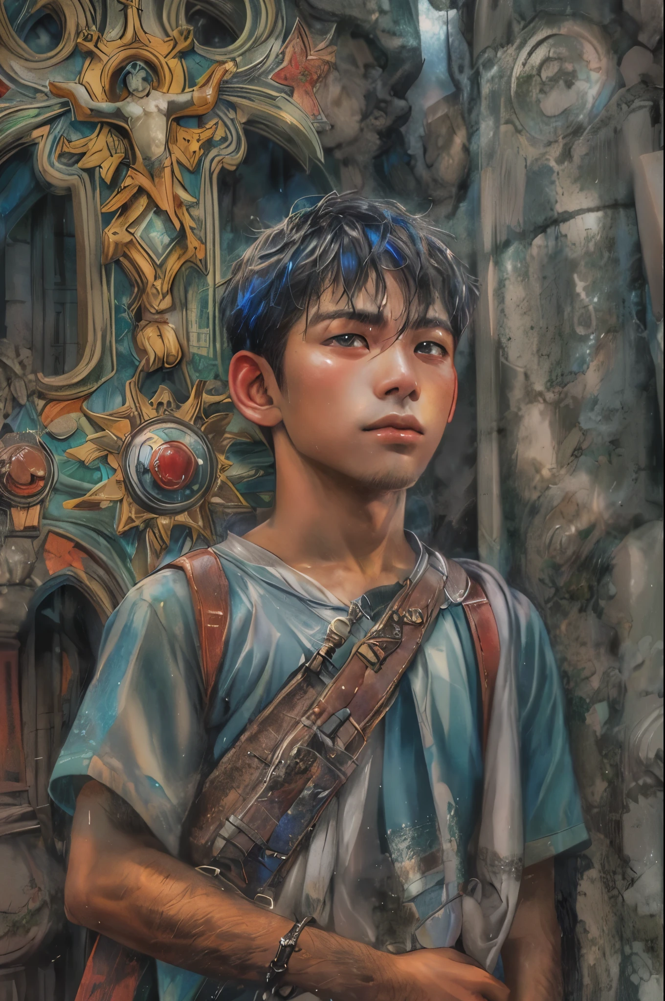 (masterpiece, top quality, best quality, official art, beautiful and aesthetic:1.2), boy, handsome, extreme detailed faces, boy carrying large cross during lenten season in the Philippines, colorful, highest detailed, (perfect face), shiny skin, HDR, detailed surroundings, on the street of the Philippines 