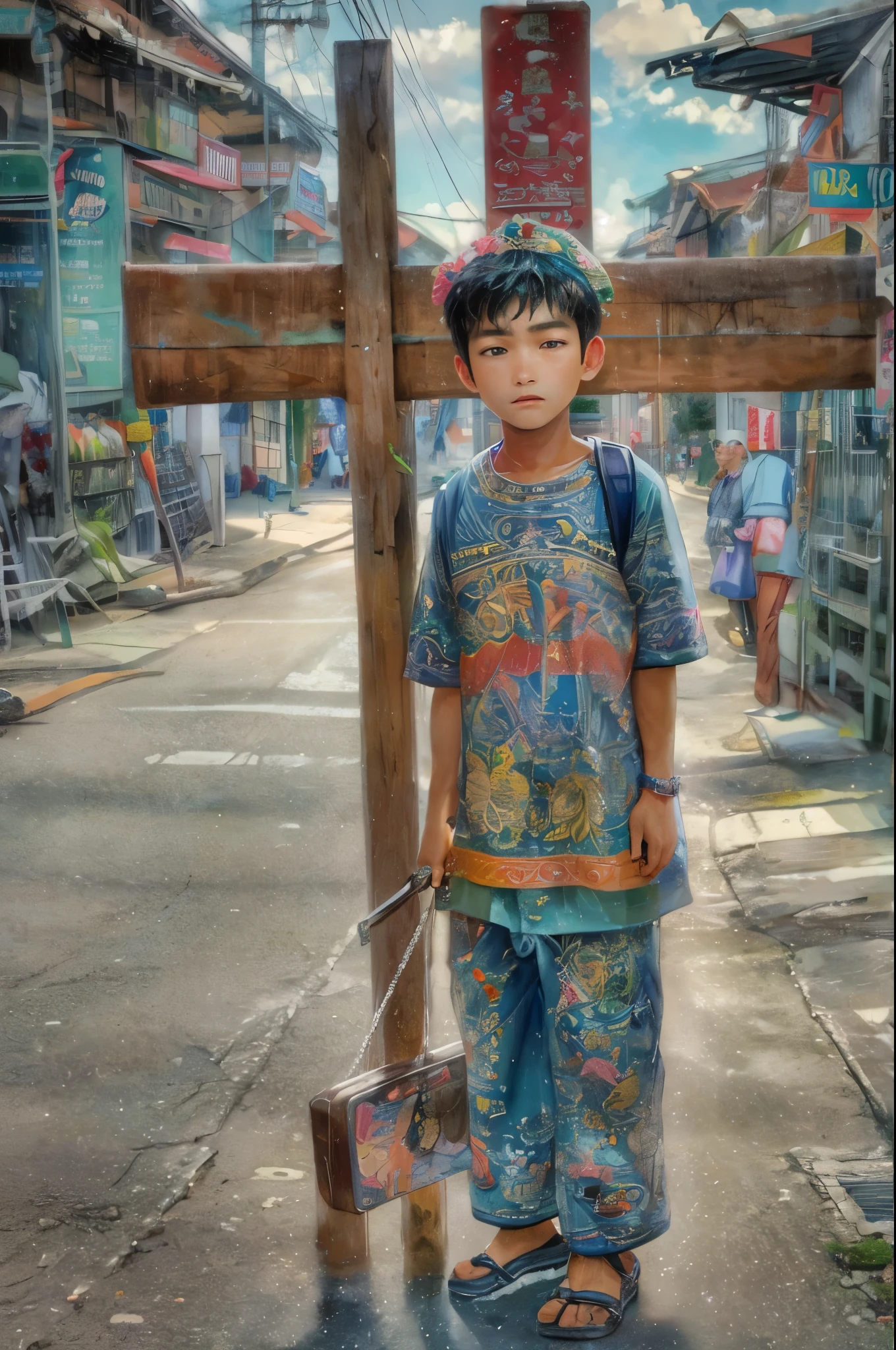 (masterpiece, top quality, best quality, official art, beautiful and aesthetic:1.2), boy, handsome, extreme detailed faces, boy carrying large cross during lenten season in the Philippines, colorful, highest detailed, (perfect face), shiny skin, HDR, detailed surroundings, on the street of the Philippines 