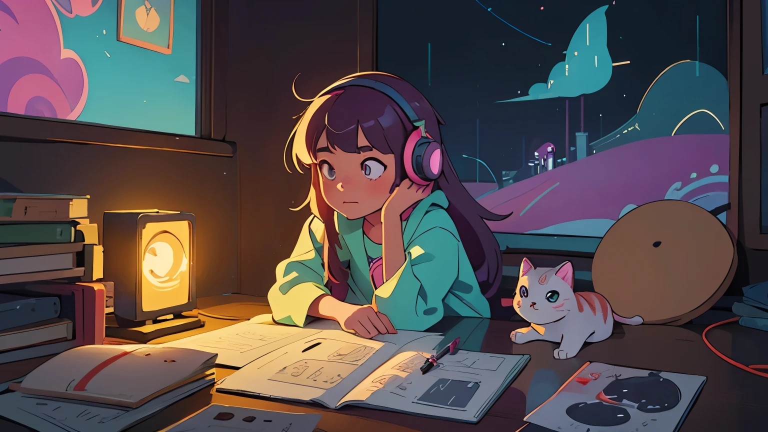 European Hippie kawaii girl and cat meditating in her room, dreaming, Wear headphones, night lights, Neon landscape on a rainy day, Analog Color Theme, Lo-Fi Hip Hop , retrospective, flat, 2.5D ,Draw a line, Ink Drawing, Large slope, Watercolor painting, Goosch Colors, Awesome colorful, Outer Ton, krautrock, lofi art, 70s style,Old texture, amplitude,psychedelic vibe, masterpiece, Tremendous technology,