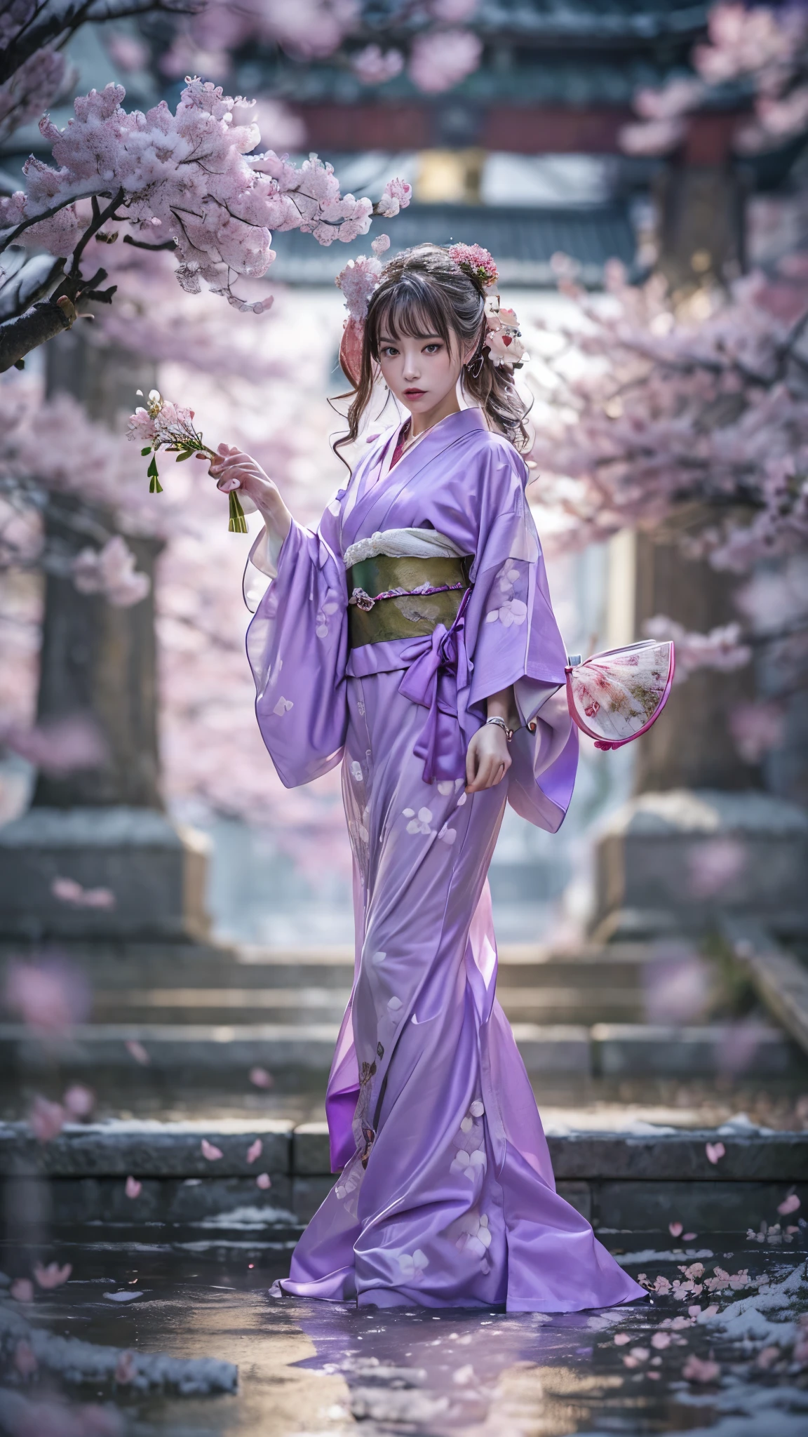 (RAW shooting, Photoreal:1.5, 8K, highest quality, masterpiece, ultra high resolution), ((((powder snow, Cherry blossom trees))), Highly detailed skin and facial textures:1.3, perfect dynamic composition:1.2, (In front of a shrine at night in a modern city, expression of sadness:1.0, Tears are flowing:1.0, cry with a broken heart:1.0), Slim office lady wet in the rain:1.3, cowboy shot, Fair skin:1.2, sexy beauty:1.1, perfect style:1.2, beautiful and aesthetic:1.1, very beautiful face:1.2, water droplets on the skin, (rain drips all over my body:1.2, wet body:1.2, wet hair:1.3), (Professional kimono dressing:1.1, Holding a bouquet of wet cherry blossoms:1.2, Wear a wet light purple kimono correctly:1.3), (Medium chest, Bra is transparent, Chest gap),  (Eyes that feel beautiful eros:0.8, Too erotic:0.8, Bewitching:0.8), necklace, earrings, bracelet, wedding ring, Highly detailed hand and finger expressions