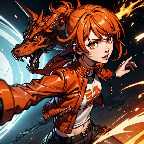 dragon girl，Red hair，ponytail，Orange hair，leather jacket，dragon girl，ultra high definition，stand，Ryukaku
