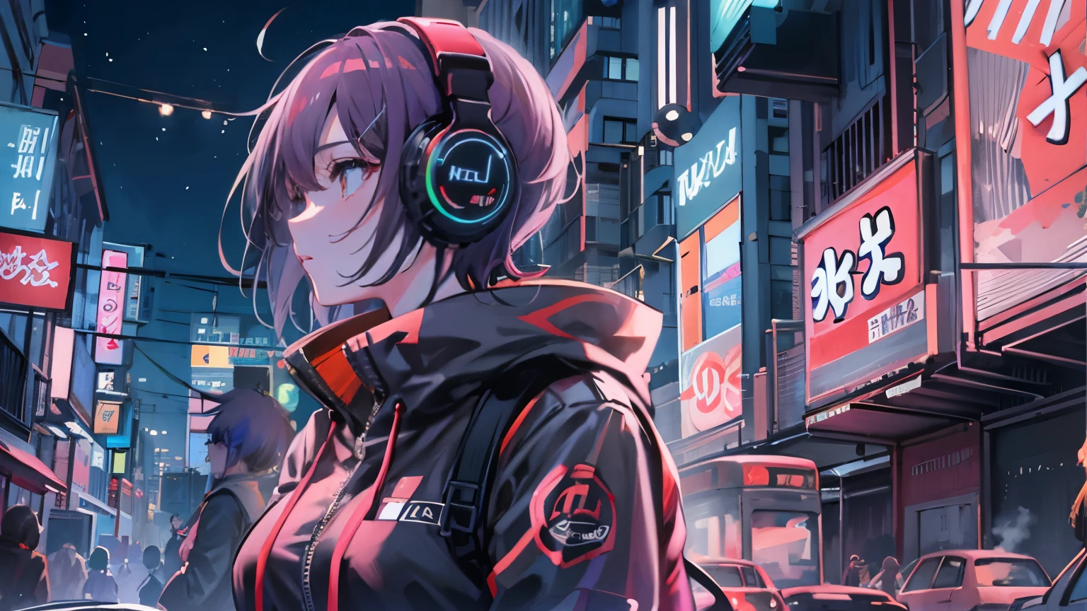 masterpiece,Anime-style illustration showing a young woman in her 20s wearing a futuristic plunging outfit, facing right, Stand in the middle of the street in a cyberpunk nightlife district. sheはピンクがかった黒髪の長い髪を持っています、Wearing pink glowing headphones. big breasts、she&#39;You are still looking up at the starry sky, but、sheの視線と体はフレームの右側を向いています. The scene should be lively., Reflects a cyberpunk aesthetic, ネオンと未来的な建物がsheを取り囲んでいます. The hustle and bustle of the city continues, but、sheは&#39;Peace amidst chaos, Immerse yourself in the sights and sounds of the night. In the image、Must capture the calm sky above and the vibrant urban environment。, sheの新しい方向性を強調する.
