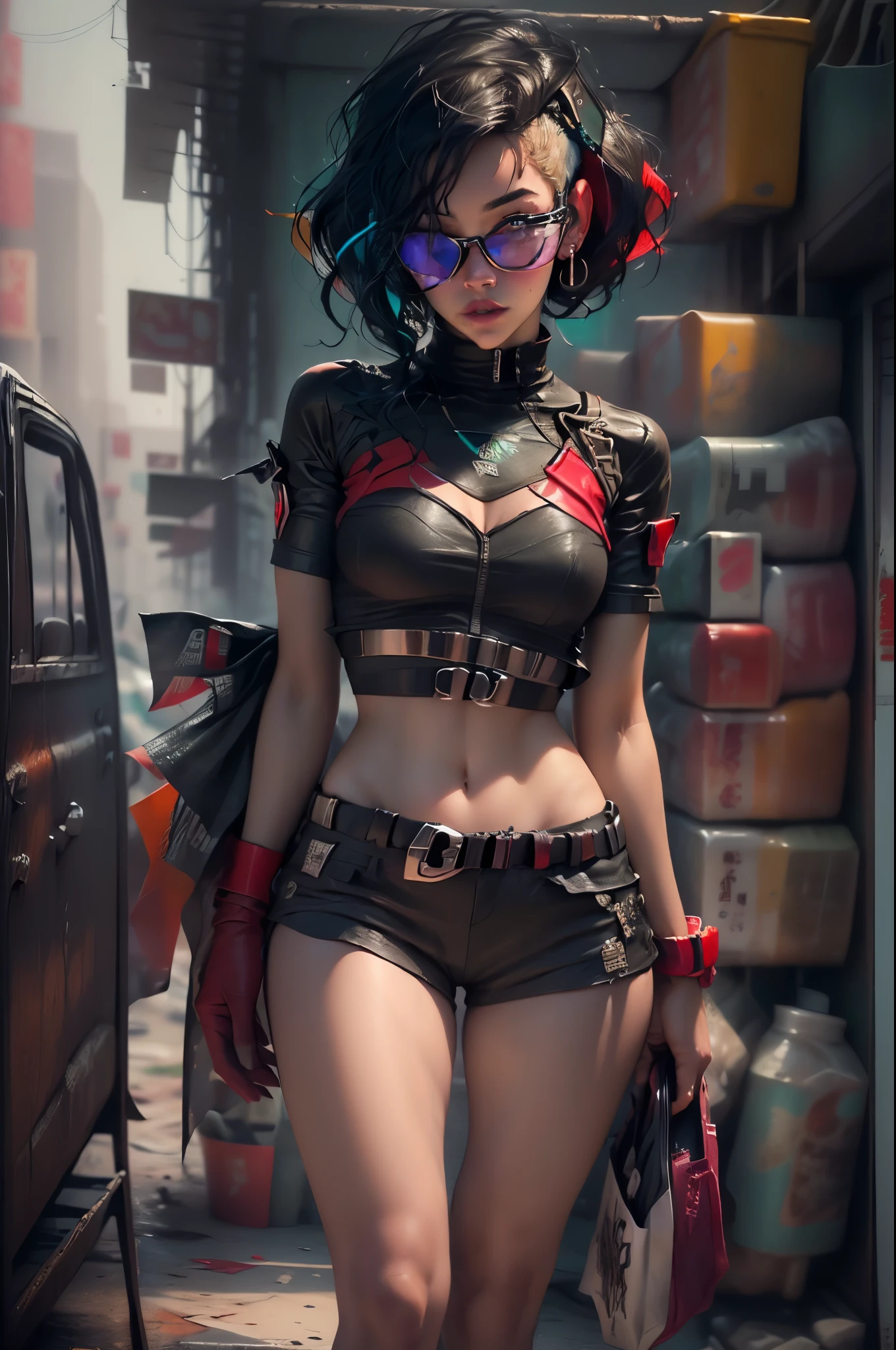 unreal engine:1.4,Ultra realist CG K, photorealistic:1.4, skin texture:1.4, masterpiece:1.4, Dynamic pose,((beautiful young woman long black hair cowboy hat with decorations:1.5))、((Red and black cyberpunk style short clothing:1.5, black fishnet pantyhose, bright red leather shorts, tall black leather boots:1.5)), 32K