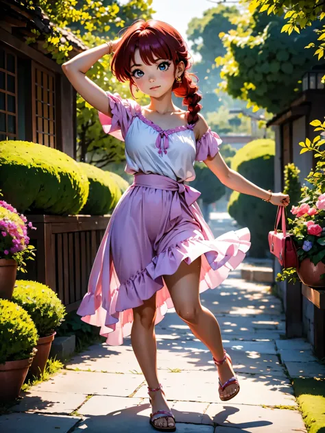 Garota anime ruiva com vestido longo pink e purple de casamento com saia, 16 anos, corpo bonito, seios grandes, with hands behin...