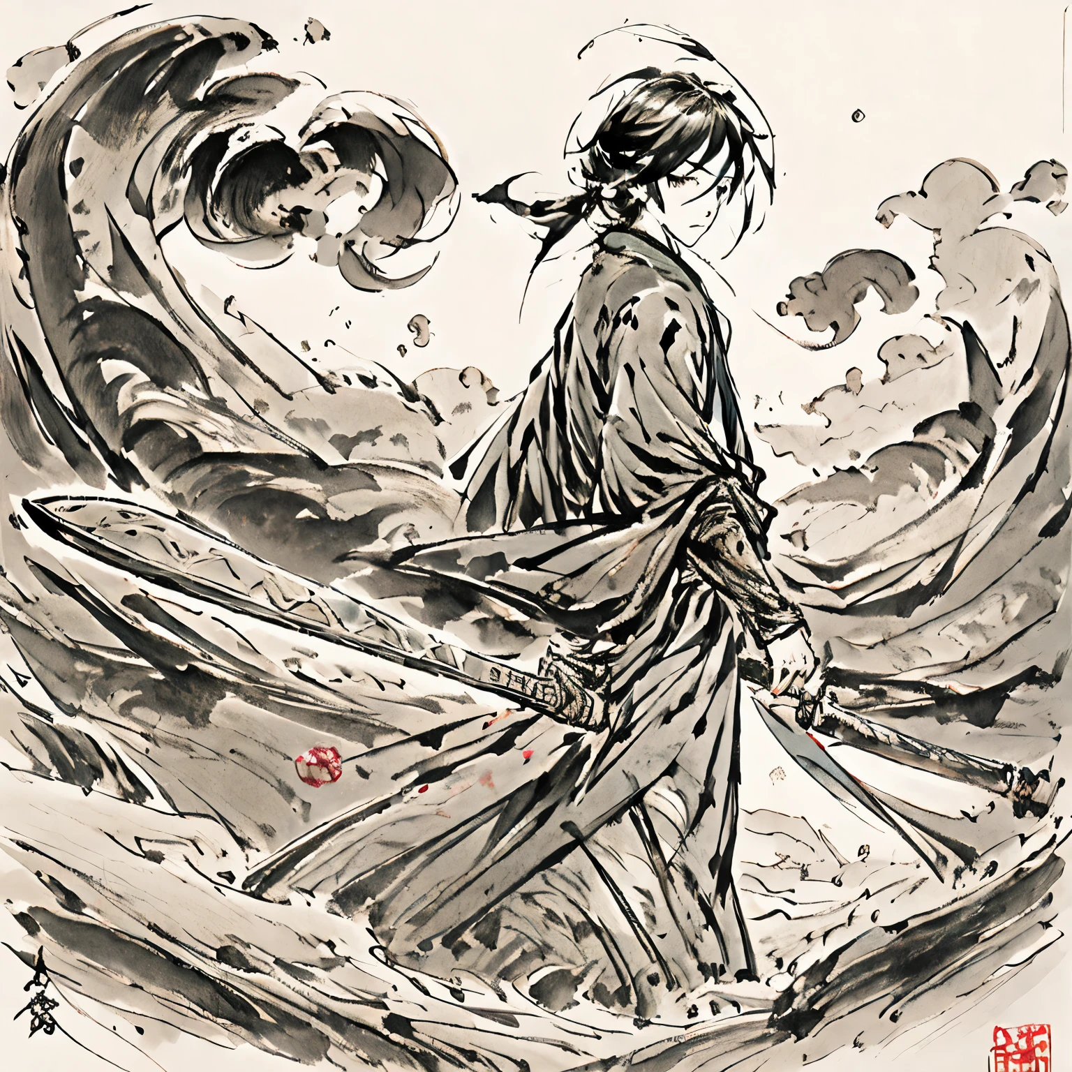 An ancient Chinese boy with a long sword at his waist，Walking on the narrow path，Walking towards the rolling mountains，The proportion of characters is 1/4，Faceless，Only wild hair can be seen