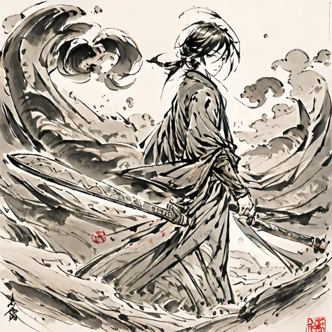 An ancient Chinese boy with a long sword at his waist，Walking on the narrow path，Walking towards the rolling mountains，The propo...
