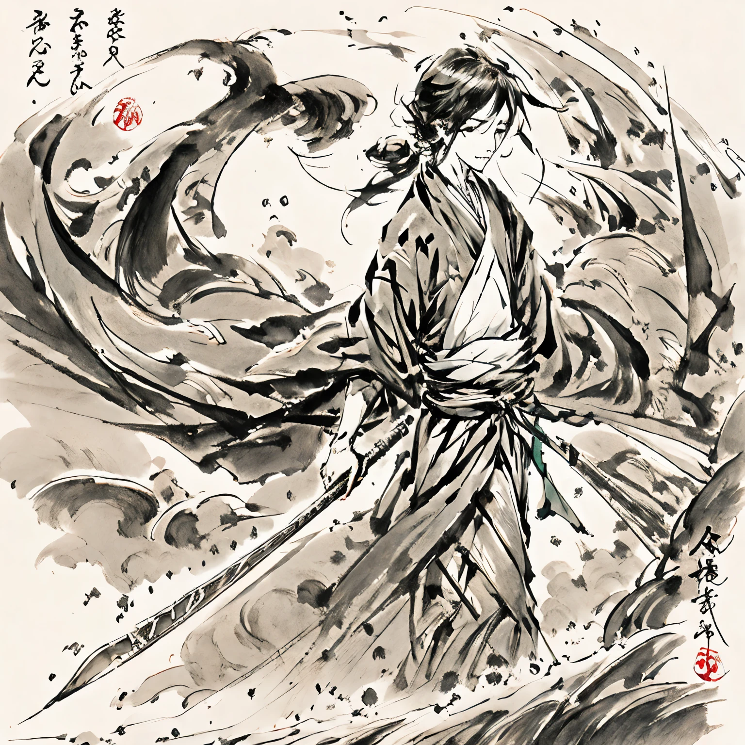 An ancient Chinese boy with a sword at his waist，Walking on the narrow path，Walking towards the rolling mountains，The proportion of characters is 1/4，Faceless，Only wild hair can be seen